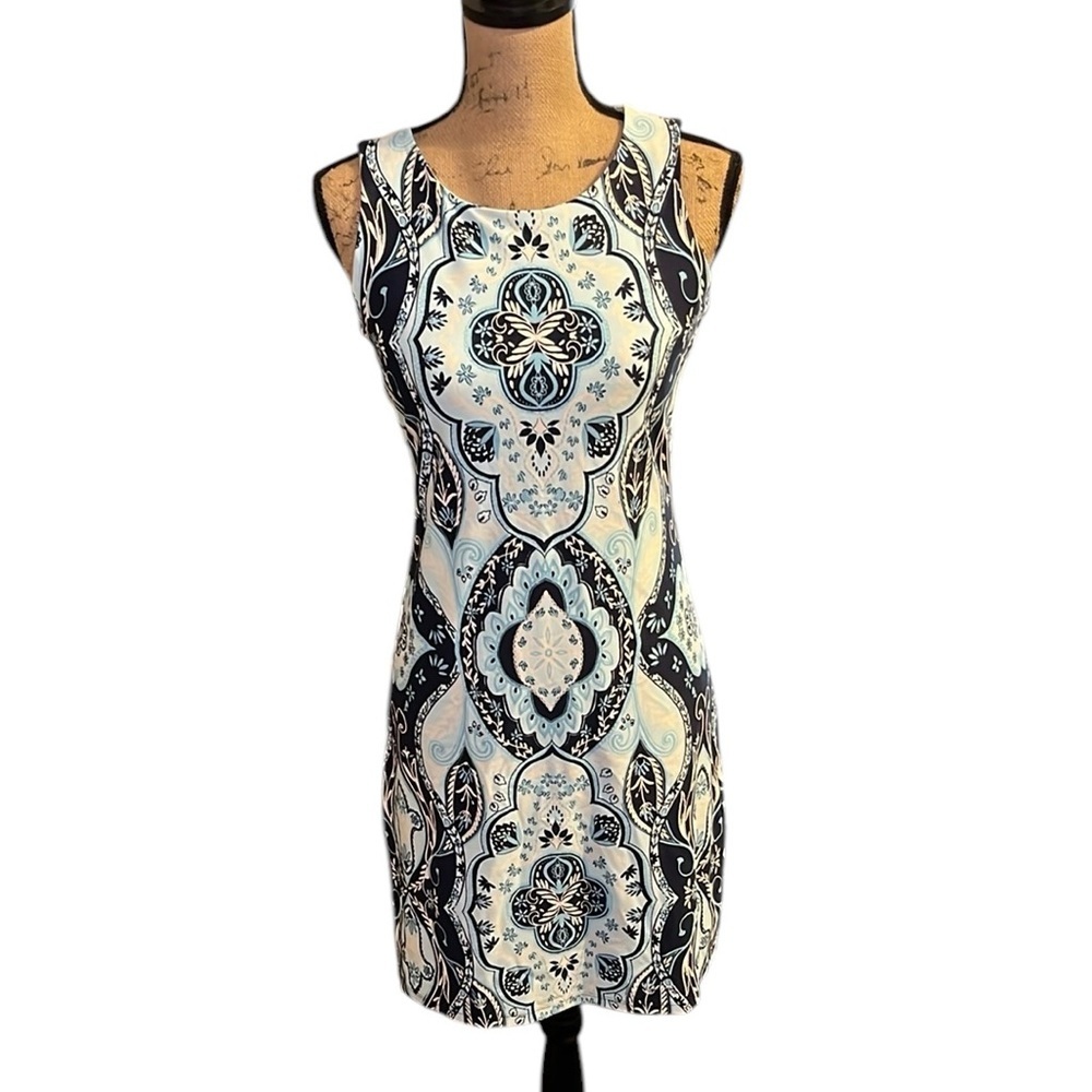 Charter Club Bodycon Elegant Blue and White Patterned Dress - Picture 2 of 10